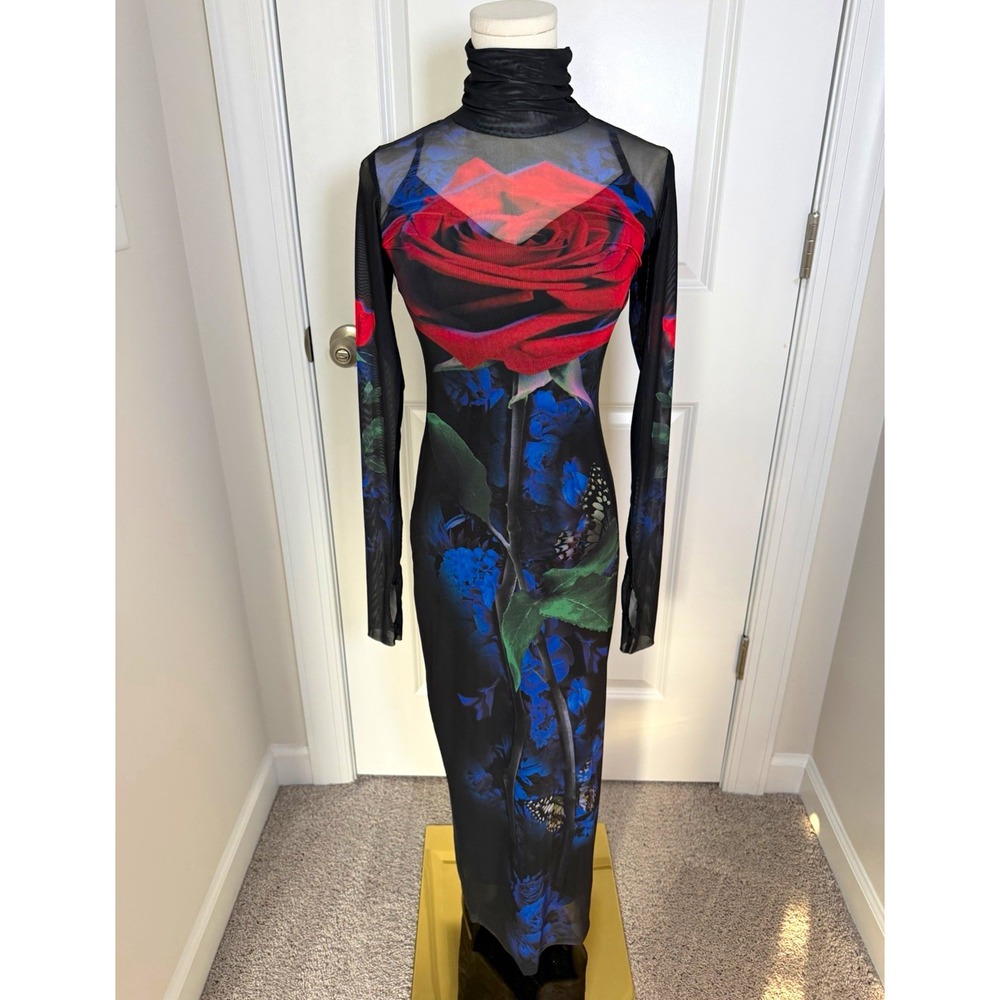 AFRM Shailene Realism Rose Mesh Bodycon Midi Dress Sz XS Goth Romantic Moody NWT